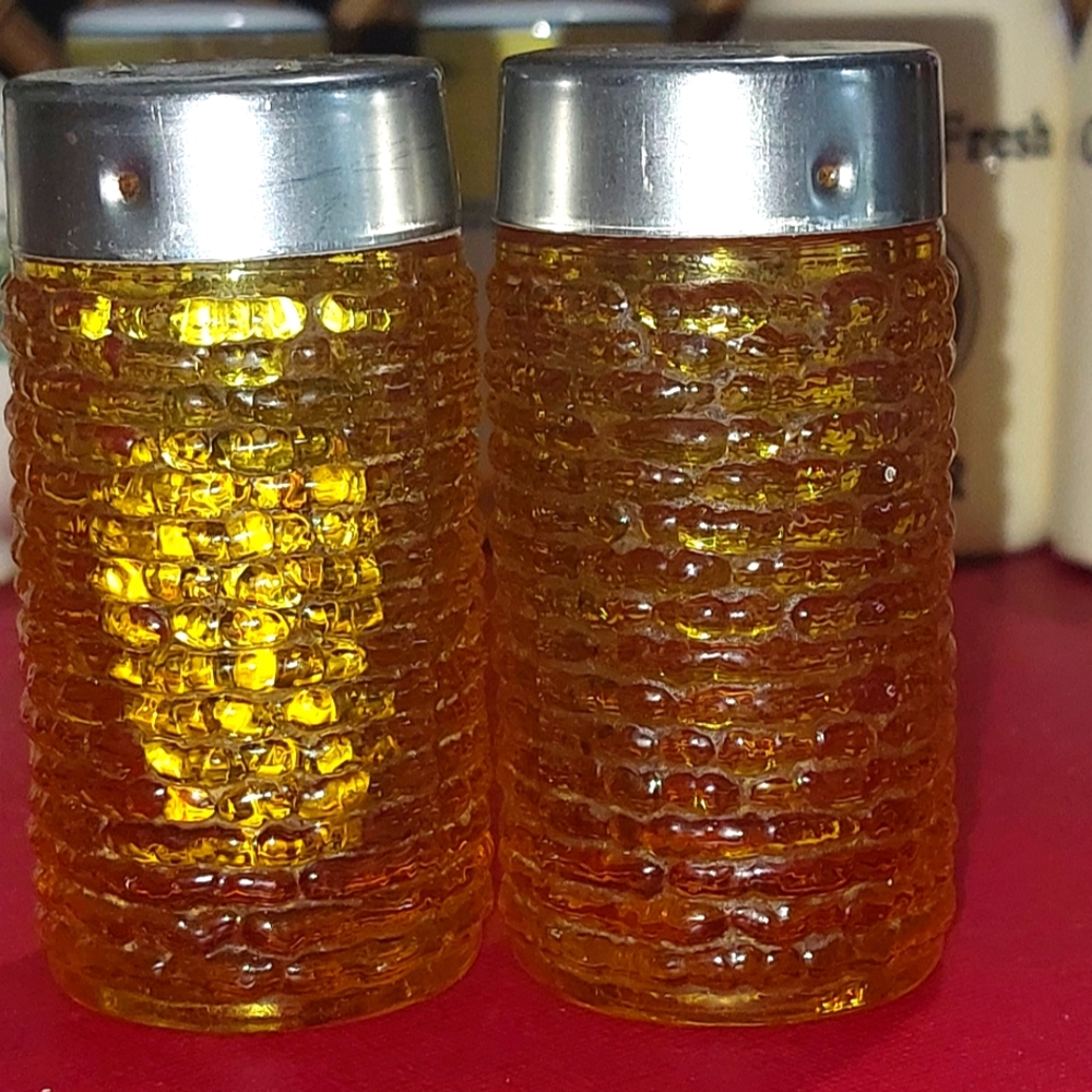 Vintage Amber Glass Salt & Pepper Shakers. 0214